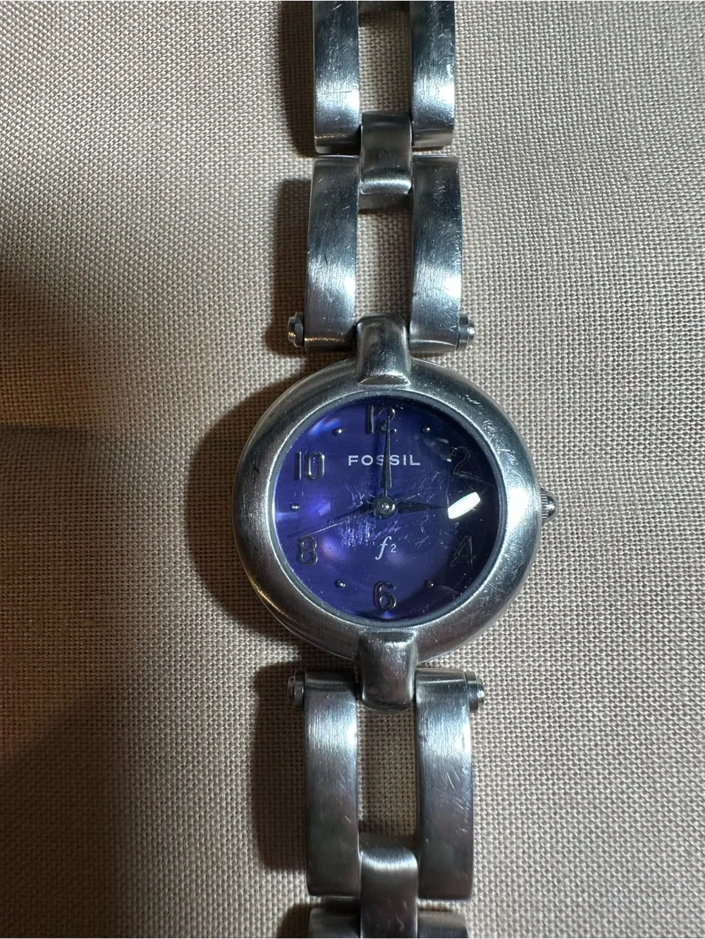 Fossil Silver-Tone Link Watch with Purple Dial